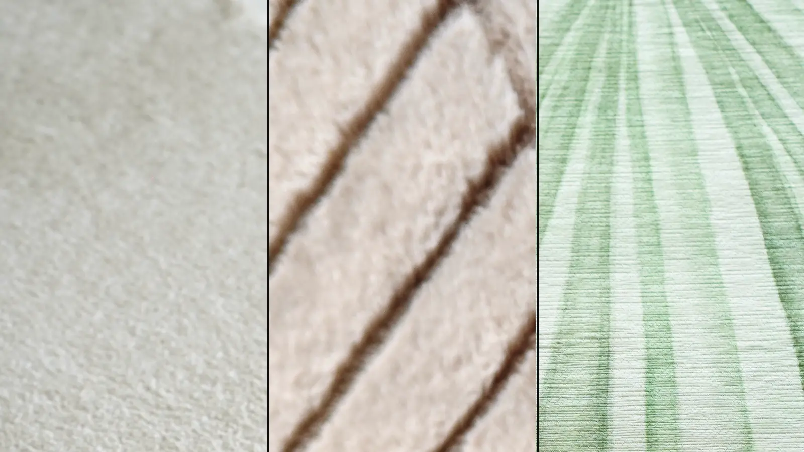 Trois échantillons de tissus de surface côte à côte : velours sculpté crème, velours texturé crème et une surface imprimée feuillage vert